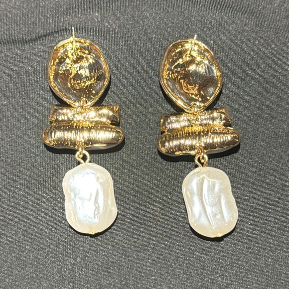 Gold and Faux Pearl Dangle Earrings - Picture 2 of 3